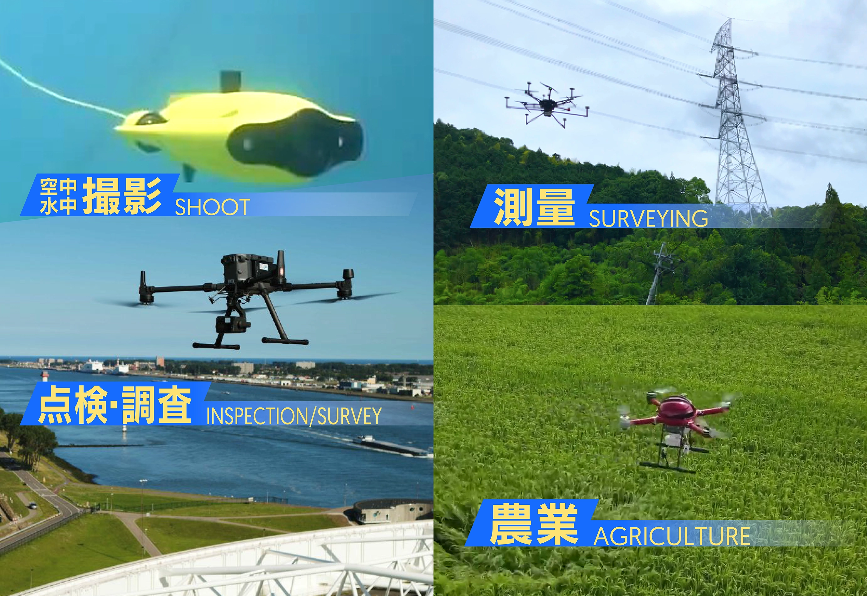 ドローン産業・スマートアグリ 空中・水中撮影 点検・調査 測量 農業 inspection surveying agriculture